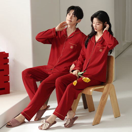 LangSha (LangSha) wedding newlywed couple pajamas for one man and one woman, spring and autumn pure cotton long-sleeved Chinese red home clothes two sets price 862 for women + 762 for men, L for women + XL for men
