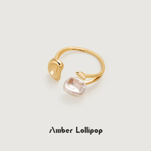 Amber Lollipop Baroque Pearl Ring Women's Niche Open Index Finger Ring Anniversary Birthday Gift for Girlfriend and Wife Gold-White Petals