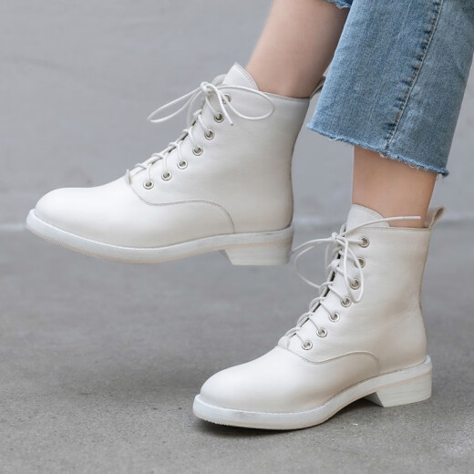 Metisan cowhide round-toe short boots for women with thick heels and flat shoes for women 2020 new autumn and winter lace-up Martin boots for women British plus velvet large and small nude boots white 34