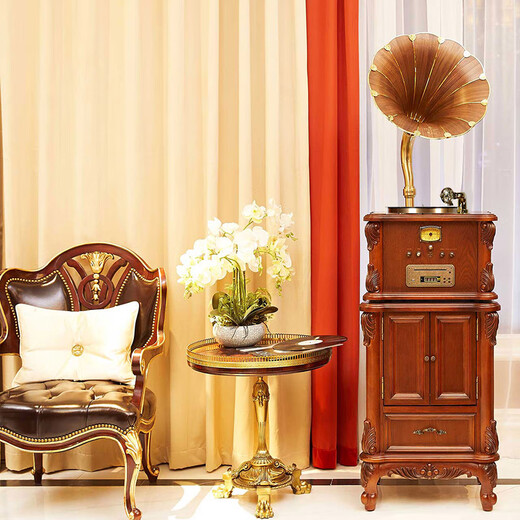 Vannessy European retro antique 62X gramophone vinyl record player old-fashioned record player with CD subwoofer living room Bluetooth audio British brown drawer turbine version (copper horn)