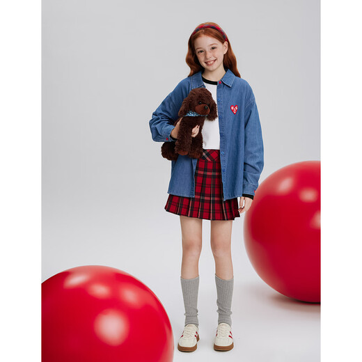 ELLE KIDS Children's Clothing Love embroidered logo mid-length denim shirt girls spring cotton casual comfortable jacket denim blue 160 (S)