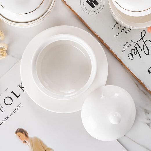 Jie Yajie ceramic bowl stew cup with lid, water-proof soup cup, steamed egg custard bird's nest cup, household single serving 4.5 inches pure white 400ml