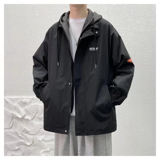 RXEX Jacket Men's Spring, Autumn and Winter Trendy Korean Style Loose Casual Clothes Men's Trendy Brand Fake Two-Piece Workwear Hooded Jacket WT152-Black-Regular XL (Recommended by the Store Manager)