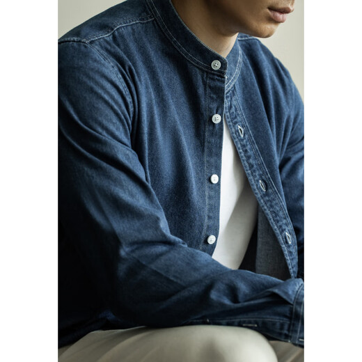 UBV American Retro Henry Collar Denim Shirt Men's 2024 Autumn New Casual Commuting Casual Jacket Shirt Blue XL