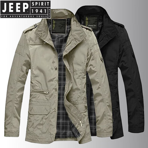 JEEP SPIRIT spring and autumn middle-aged loose plus fat plus size casual jacket men's thin mid-length windbreaker khaki L weight 130-145Jin [Jin equals 0.5 kg] and above