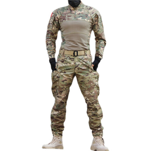 Ludun camouflage suit men's field suit spring and autumn outdoor camouflage T-shirt stretch tactical frog suit CS combat instructor uniform CP color (short sleeves + pants) including hat/armband M