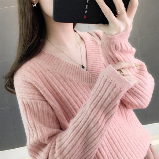 Markentsee 2020 winter fashion sweater women's pullover loose Korean style lazy style V-neck vertical striped sweater solid color top slimming T-shirt HCLM1927 yellow one size