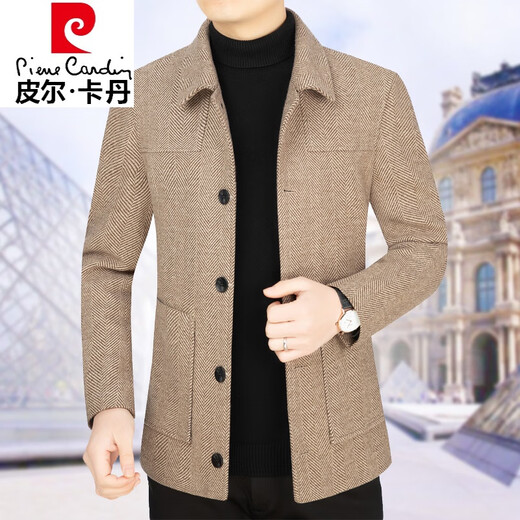 Pierre Cardin light luxury high-end brand men's clothing, light business autumn and winter new wool woolen jacket men's coat casual coat men's middle-aged dad's coat knitted 2206 khaki 165/S