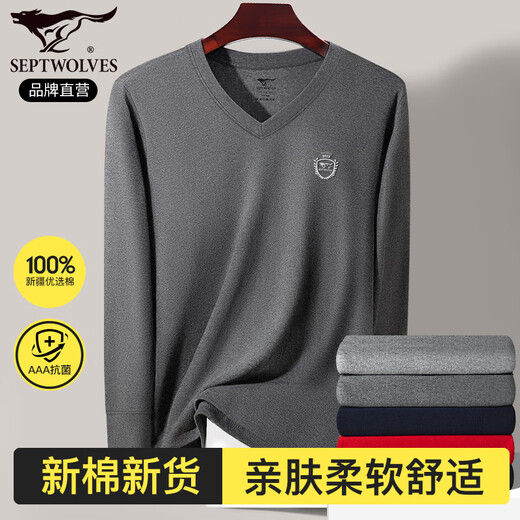 Septwolves Antibacterial Autumn Clothing Men's Autumn and Winter Pure Cotton Bottoming Tops Men's Thermal Underwear Cotton V-neck Cotton Sweater