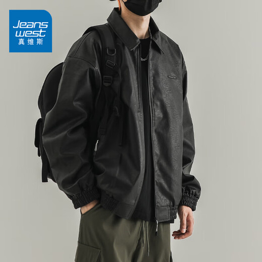 Jeanswest retro spring and autumn new leather jacket men's PU leather coach bomber jacket American casual loose motorcycle suit JK80 black L