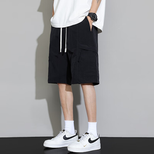 Trueves shorts men's summer thin ice silk cool five-point casual pants men's youth loose straight work medium pants DK701 black 2XL