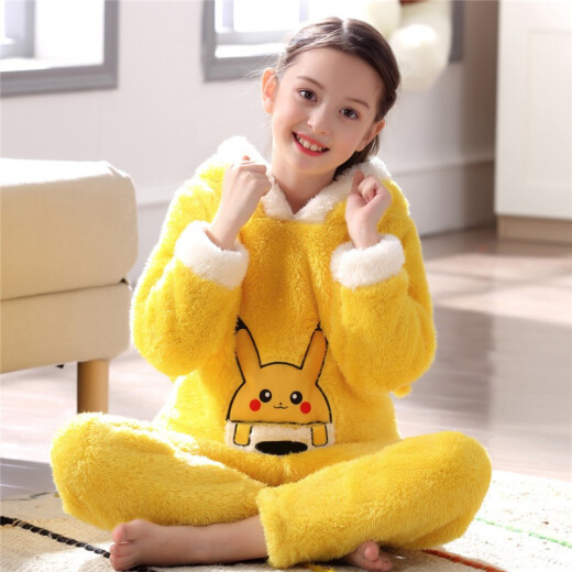 ROUCHEN (ROUCHEN) autumn and winter children's pajamas boys and girls flannel home clothes medium and large children cartoon thickened warm suit home clothes KAY166 Pikachu velvet 14 yards 125-130CM