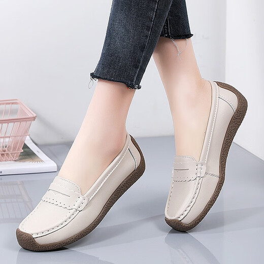 Mom's shoes spring and autumn super soft sole comfortable single shoes middle-aged and elderly women's shoes non-slip granny shoes ladies genuine leather beanie shoes khaki 37