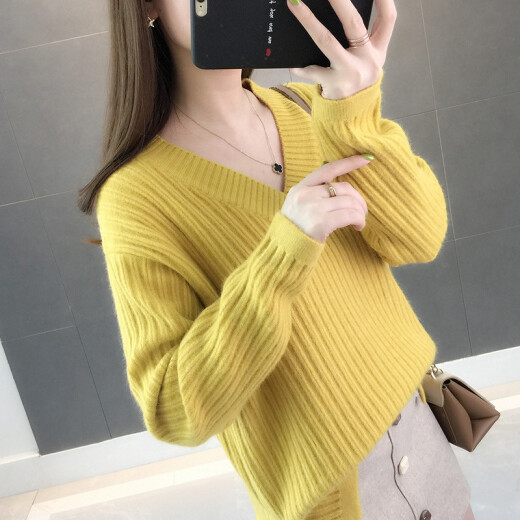 Markentsee 2020 winter fashion sweater women's pullover loose Korean style lazy style V-neck vertical striped sweater solid color top slimming T-shirt HCLM1927 yellow one size