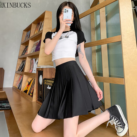 XINBUCKS Pocket Pleated Skirt Women's Short Skirt High Waist Slim A-Line Skirt Elastic Waist Skirt Spring Summer Autumn Student JK Skirt Black (Pocket Style) M Recommendation 85-105Jin Jin equals 0.5 kg