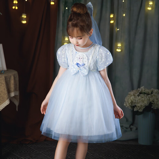 Wankai Frozen Luminous Skirt Girls Elsa Princess Skirt Children Elsa Sequined Puff Dress Princess Luminous Skirt + Headwear + Jewelry 7-piece Set 100cm