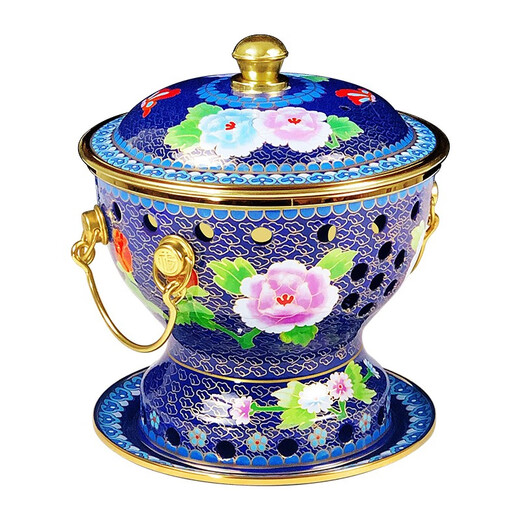Guo Yiyuan New Cloisonné Enamel Old Beijing Small Hot Pot Single Alcohol Pot Environmentally Friendly Oil Hot Pot One Person Cloisonne Copper Hot Pot Single Small Fat Beef Blue Bottom Peony Model 19cm