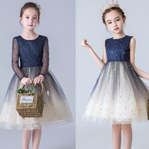 New children's skirt, starry sky skirt, evening dress, princess skirt, girl's stylish fluffy gauze flower girl host costume, piano performance dress, spring and autumn long-sleeved girl's birthday party warm long-sleeved skirt 140