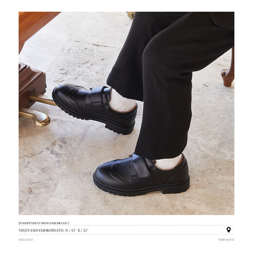 Snuffy boys' leather shoes spring and autumn first layer cowhide children's campus student performance black leather shoes medium and large children's single shoes black 39