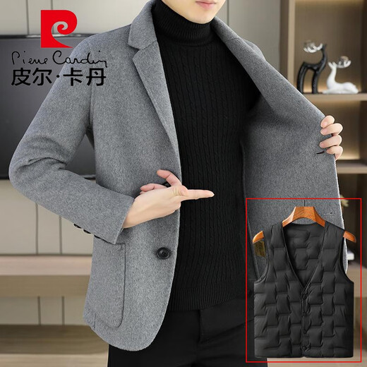 Pierre Cardin woolen blazer men's high-end slim double-sided denim suit top autumn and winter versatile short warm coat 88001A Khaki double-sided denim XL suitable for 125-145Jin Jin equals 0.5 kg