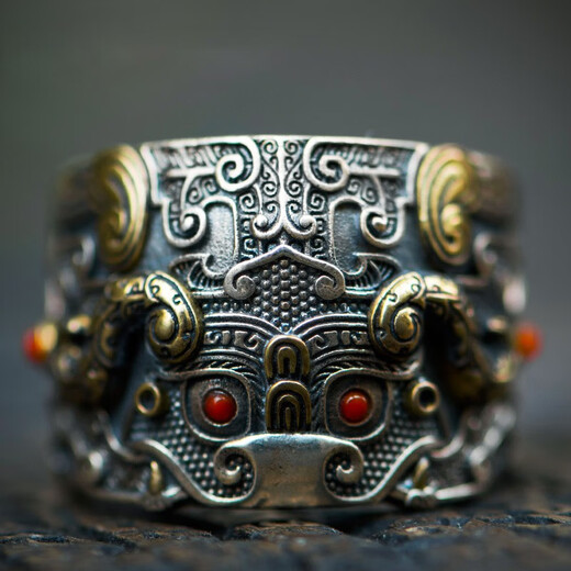 CHAUIYIN Chaoyin Jewelry Ring S925 Silver Taotie Animal Face Pattern Open Ring for Men and Women Ring Fashion Personality Domineering Southern Red Style