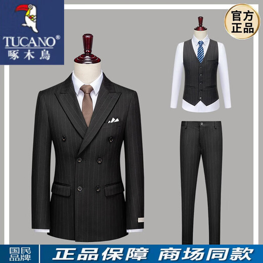 Woodpecker (TUCANO) groom wedding suit men's wedding gentleman's business formal suit handsome British style suit double breasted men's black suit + trousers + vest 2XL