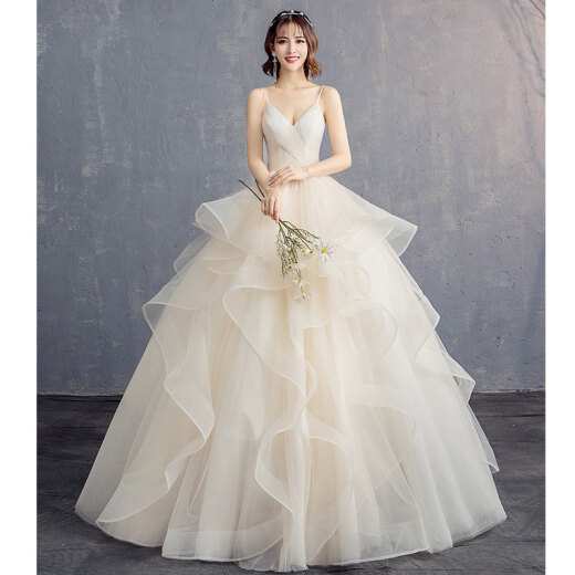 Main wedding dress for women 2020 new bride wedding floor-length tube top suspender V-neck tutu skirt slim and long tail 1806 floor-length L