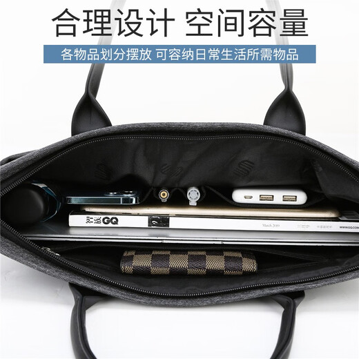 Meidu briefcase men's business handbag casual men's bag large capacity canvas computer bag conference document bag horizontal briefcase black 14 inches