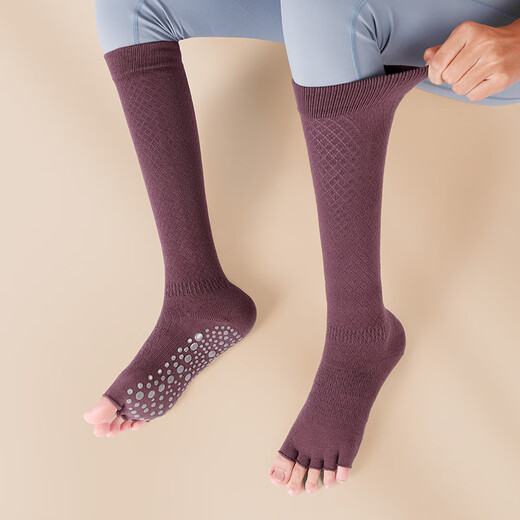 Huodiniao yoga socks, professional sports socks, non-slip women's toe socks, long tube knee socks, adult Pilates split toe floor socks, black - open toe half knee socks