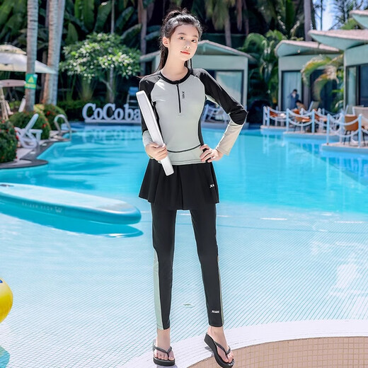 Xtep Kinder-Badeanzug 2025, neuer modischer mittelgroßer Kinder- und Mädchen-Schwimmtrainingsstudent, Surf-Neoprenanzug-Badeanzug + PU-Badekappe + Schwimmbrille mit kleinem Rahmen + Schwimmtasche 165, empfohlenes Gewicht 85–105 Jin Jin entspricht 0,5 kg