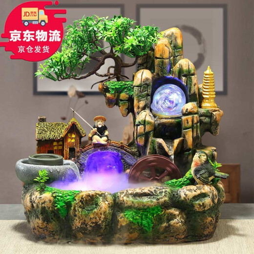 Feather rockery flowing water fountain fish tank living room ornaments handicrafts home decoration office desktop fish pond humidifier fortune feng shui wheel 11703 mountain flowing water with humidifier [with fisherman]