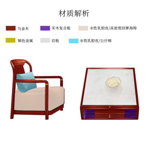 楠著 新中式乌金木实木储物沙发9901#1+1+3+茶几+方几x2