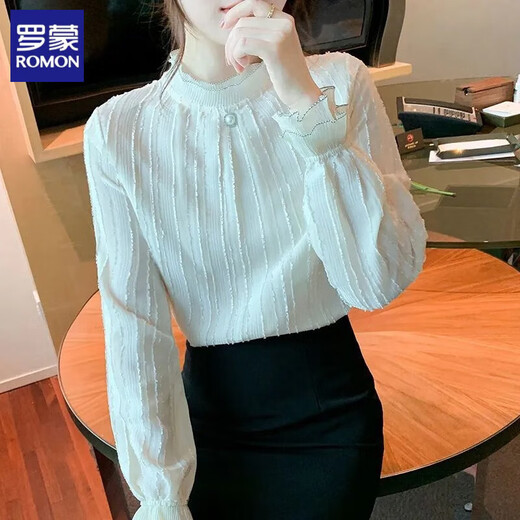 ROMON Lace Shirt Women's Spring, Autumn and Winter French Long Sleeve Fashionable 2025 New White Bottoming Top 2205 L (111-120Jin Jin equals 0.5 kg)