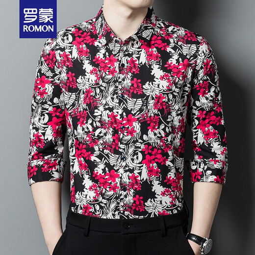 
ROMON brand floral shirt men autumn long sleeve trendy handsome men's floral shirt slim middle-aged spring and autumn thin men's cotton 9904 red XXL
