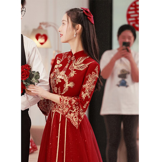Seidler New Chinese Bridal Toast Wear Cheongsam 2025 New Evening Dress Winter Long Dress Engagement Burgundy Long L (Recommended 106-115 Jin Jin equals 0.5 kg)