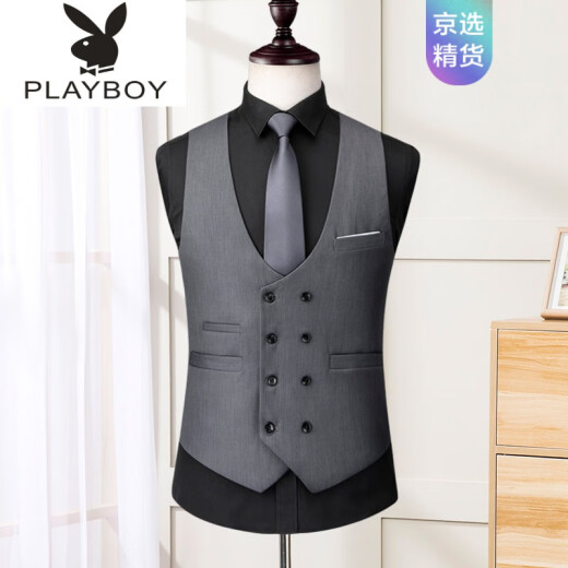 Playboy spring and autumn gray double-breasted casual suit vest men's slim British business vest men's vest vest trendy gray 190/XXXL