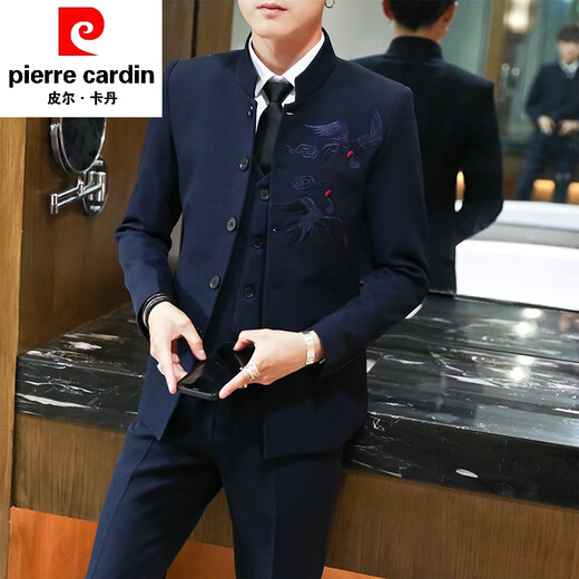 Pierre Cardin Chinese style suit stand collar Chinese tunic suit ancient style Hanfu men Korean version slim Tang suit Chinese dress suit 618 black suit + pants + vest + shirt XL (123~138Jin Jin equals 0.5 kg)