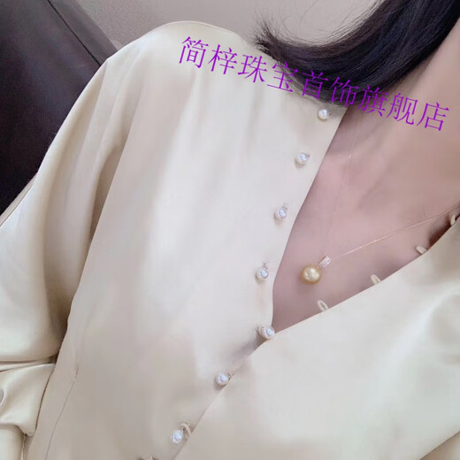 Jianzi gold pearl pendant, round large particle white pearl necklace s925 silver clavicle chain, simple and fashionable female white pearl pendant 14-14mm