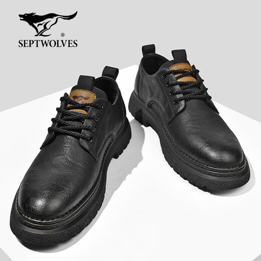Septwolves Men's Shoes Business Casual Shoes Winter 2025 New Genuine Leather Soft Soled Casual Leather Shoes Black Workwear Low-top Martin Boots Black 41