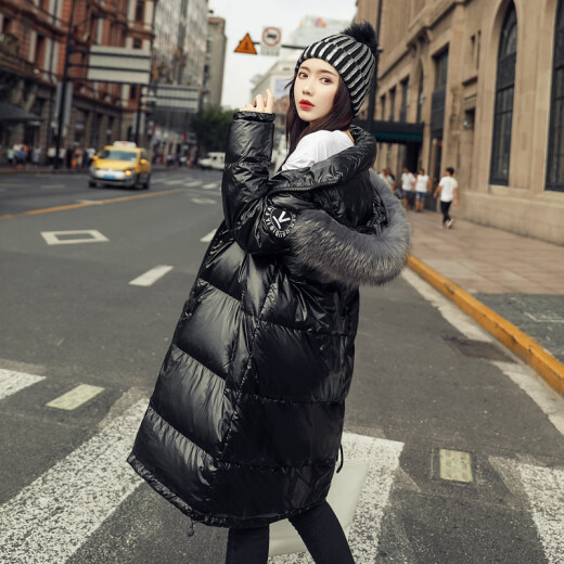 GuDiSi Down Jacket Women's 2020 Raccoon Real Fur Collar Campus Style Hooded White Duck Down Jacket Mid-Length Glossy Warm Down Jacket XMR2043 Black S