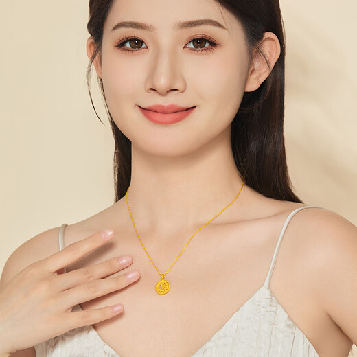 Lao Temple Gold Pendant Blessing Pendant Pendant Pure Gold Full of Blessings Necklace as a Wife’s Day Gift for My Girlfriend, About 3.2g