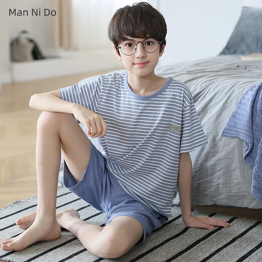 
Mannido boys pajamas summer new short-sleeved boys pure cotton children big children's cotton thin youth home clothing set N9901 [short length] 140 16 size recommended 135-145cm