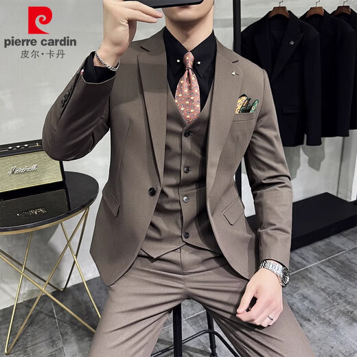 Pierre Cardin Groom Suit Men's Wedding Dress Casual Professional Formal British Slim Fit Small Suit Jacket Black Three-piece Suit + Vest + Pants 54/2XL 135-148Jin Jin equals 0.5 kg Wear
