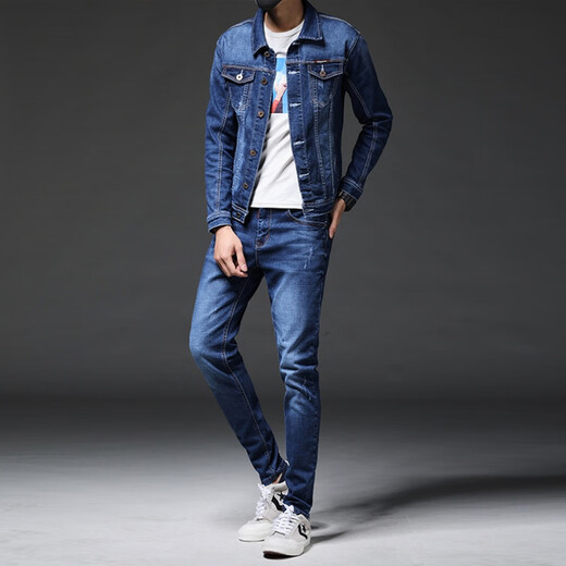 Playboy jacket men's autumn and winter denim suit men's two-piece set men's trendy jacket autumn and winter thickened handsome set XD006 men's medium blue suit clothes + pants XL 135Jin Jin equals about 0.5 kg