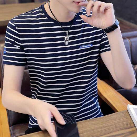 Raccoon brand short-sleeved T-shirt men's new round neck striped cotton T-shirt summer student slim half-sleeved bottoming shirt casual breathable tops men's fashion versatile undershirt POLO black L