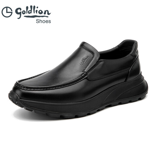 Goldlion Men's Shoes New Leather Toe Cowhide Business Casual Shoes Slip-On Lazy Shoes Flat Heel Thick-soled Loafers Black 40