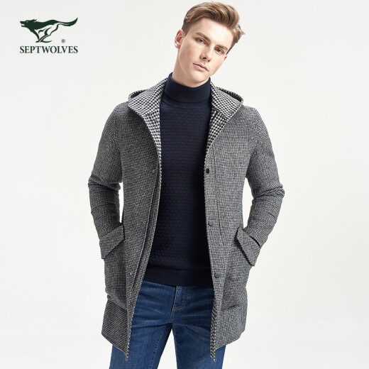 Septwolves woolen coat men's new winter business casual double-sided woolen plaid hooded mid-length coat 002 (black and gray) 175/92A/XL