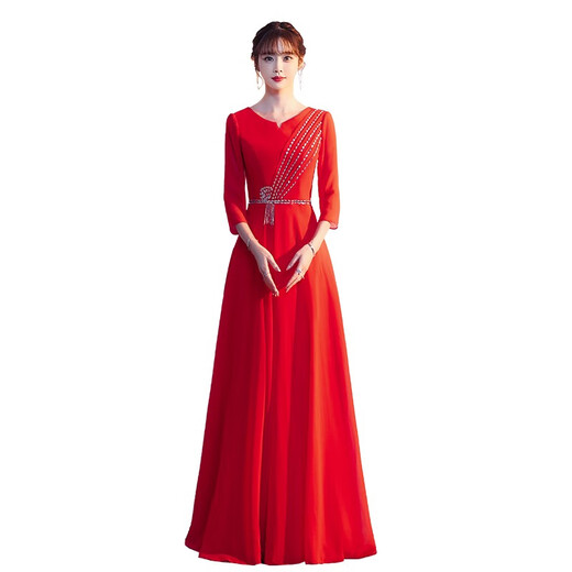 Han Yukui adult chorus dress women's long elegant choir performance clothing solo singer temperament host evening dress spring red L