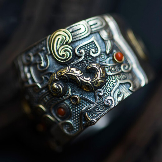 CHAUIYIN Chaoyin Jewelry Ring S925 Silver Taotie Animal Face Pattern Open Ring for Men and Women Ring Fashion Personality Domineering Southern Red Style