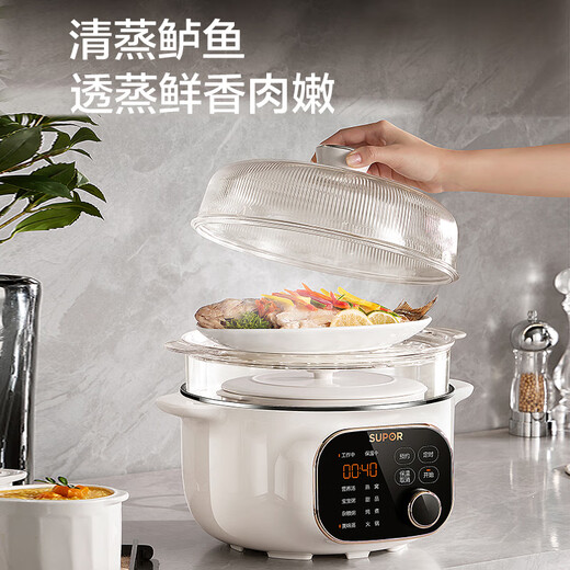 SUPOR electric stew pot, electric stew cup, water-proof stew, household porridge, soup pot, bird's nest stew pot, 4.5L white porcelain inner pot, steaming and stewing pot DZ25YC876 multi-function pot